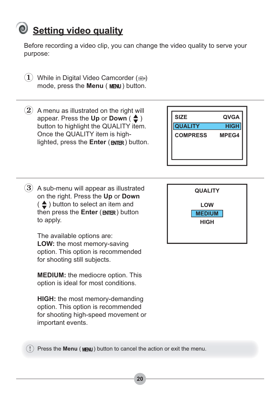 Setting video quality | AIPTEK Pocket DV 4100 User Manual | Page 21 / 44