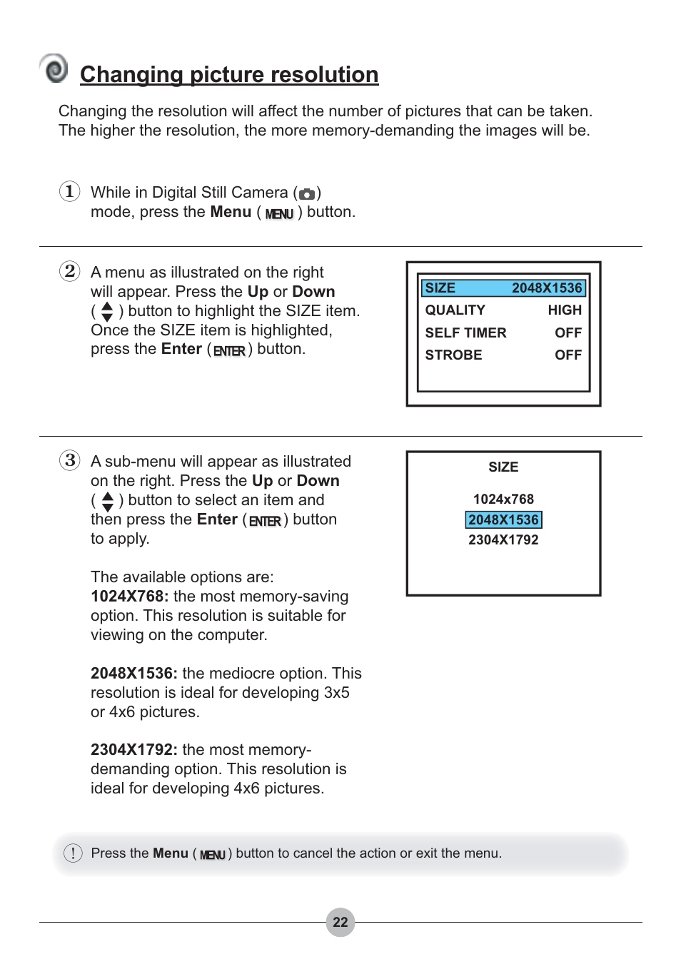 Changing picture resolution | AIPTEK Pocket DV 4100 User Manual | Page 23 / 44