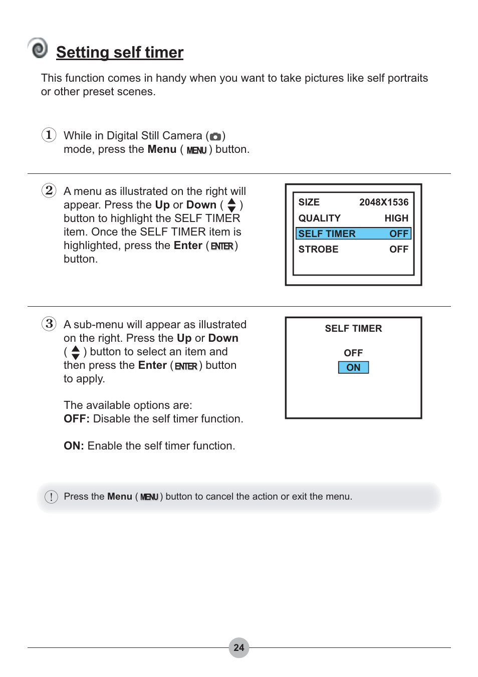 Setting self timer | AIPTEK Pocket DV 4100 User Manual | Page 25 / 44