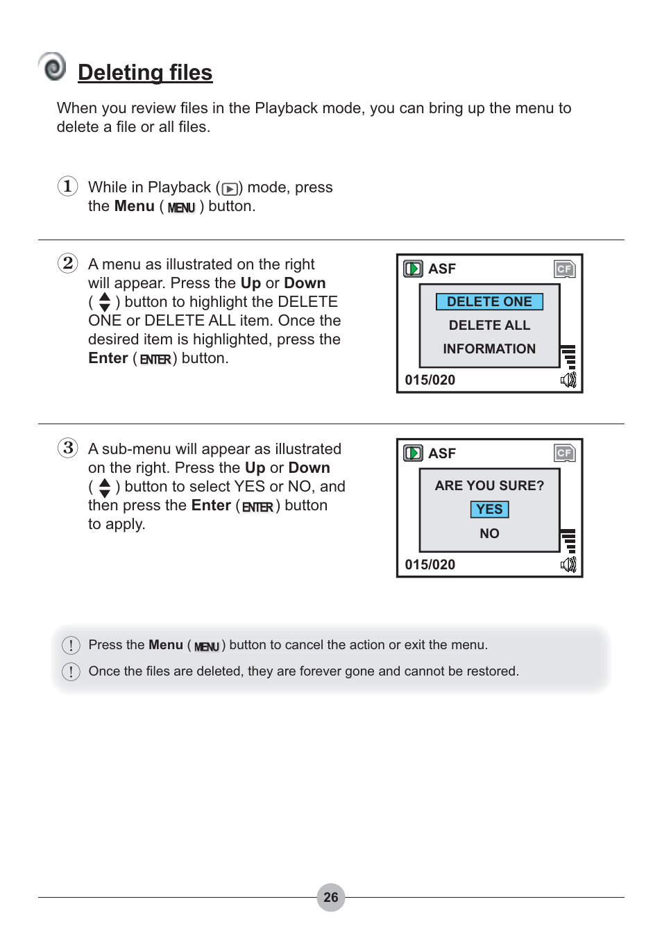 Deleting files | AIPTEK Pocket DV 4100 User Manual | Page 27 / 44