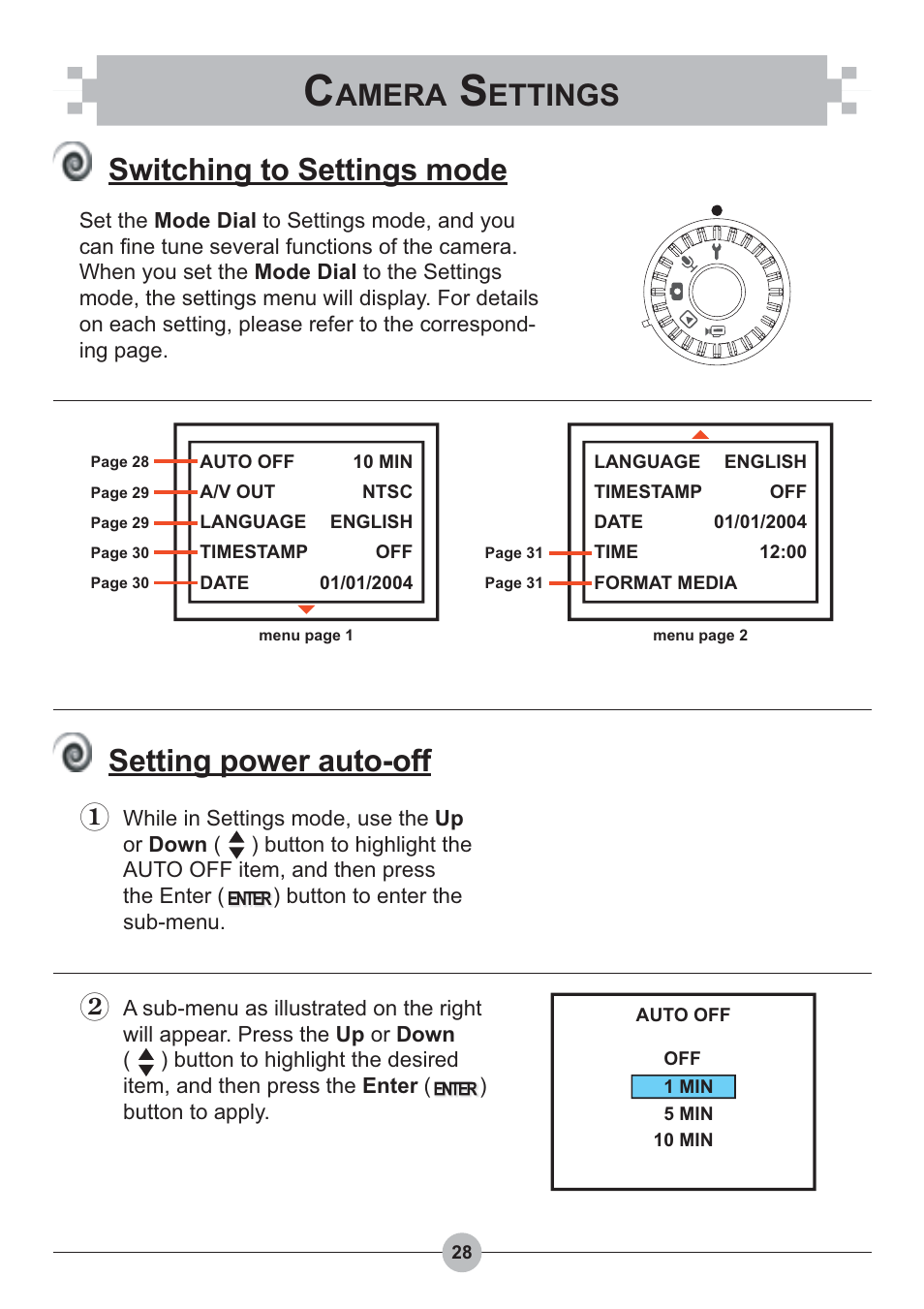 Switching to settings mode, Setting power auto-off, Amera | Ettings | AIPTEK Pocket DV 4100 User Manual | Page 29 / 44