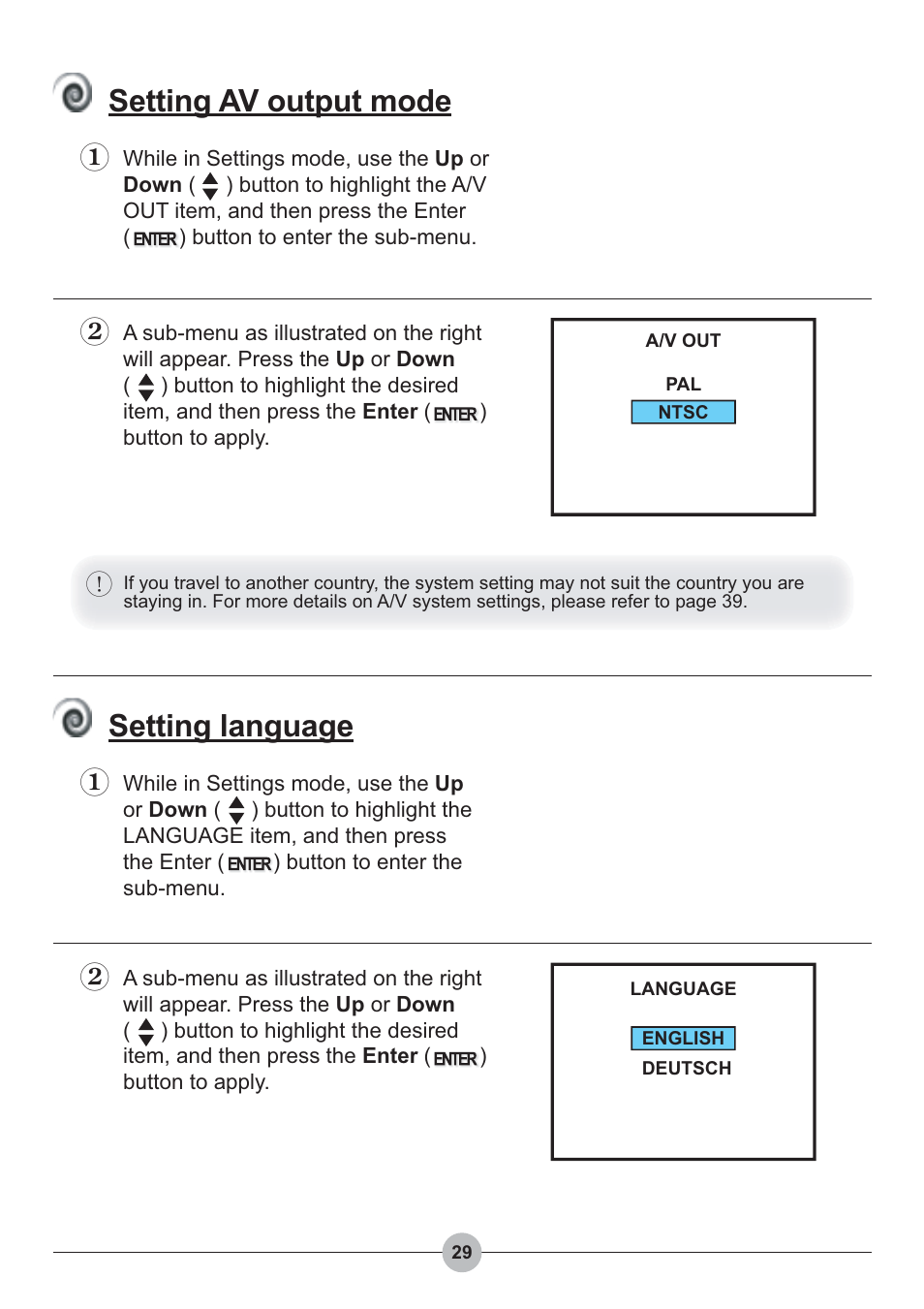 Setting av output mode, Setting language | AIPTEK Pocket DV 4100 User Manual | Page 30 / 44