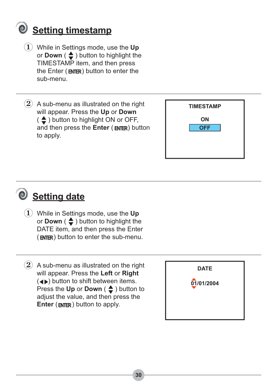 Setting timestamp, Setting date | AIPTEK Pocket DV 4100 User Manual | Page 31 / 44