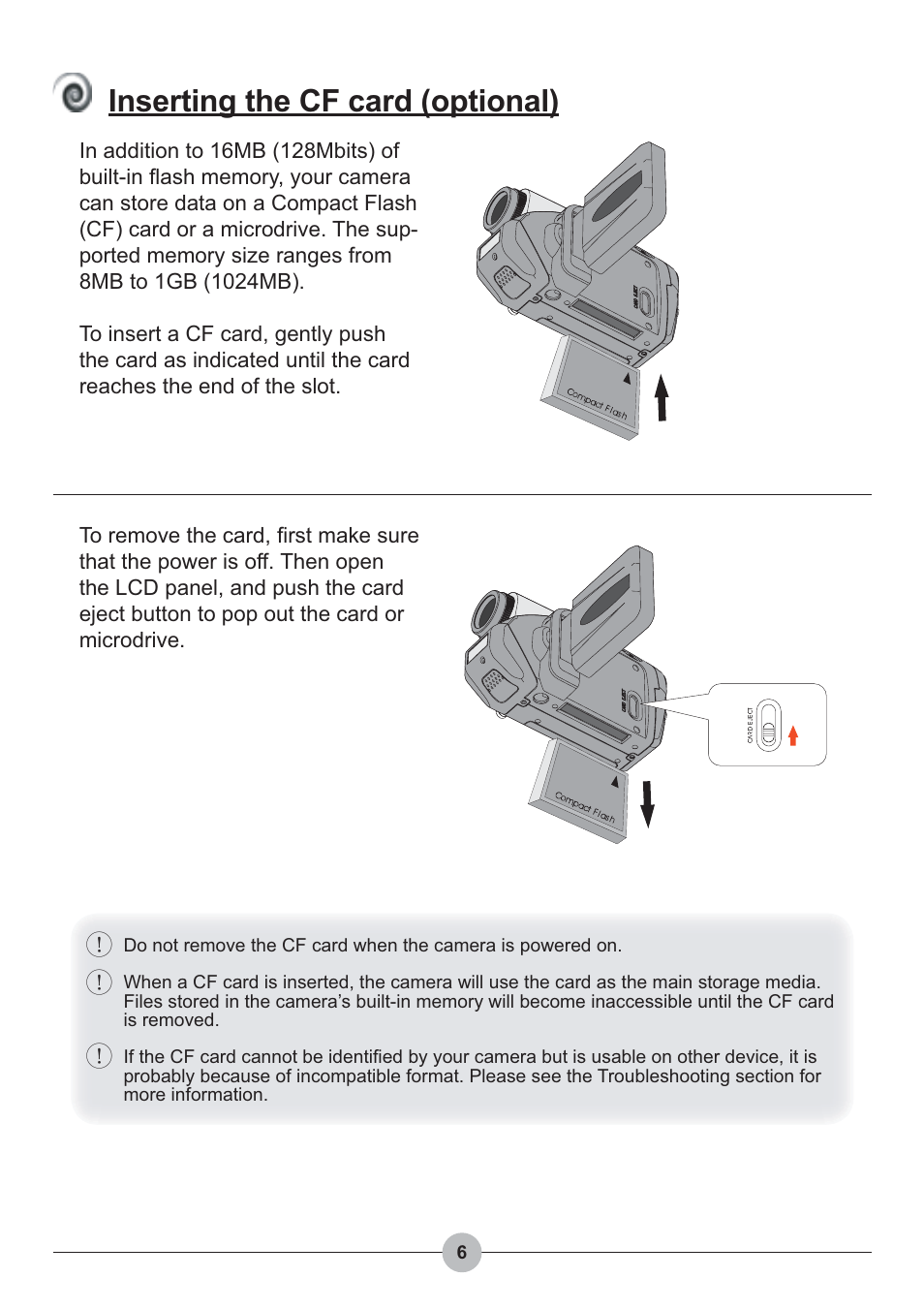 Inserting the cf card (optional) | AIPTEK Pocket DV 4100 User Manual | Page 7 / 44