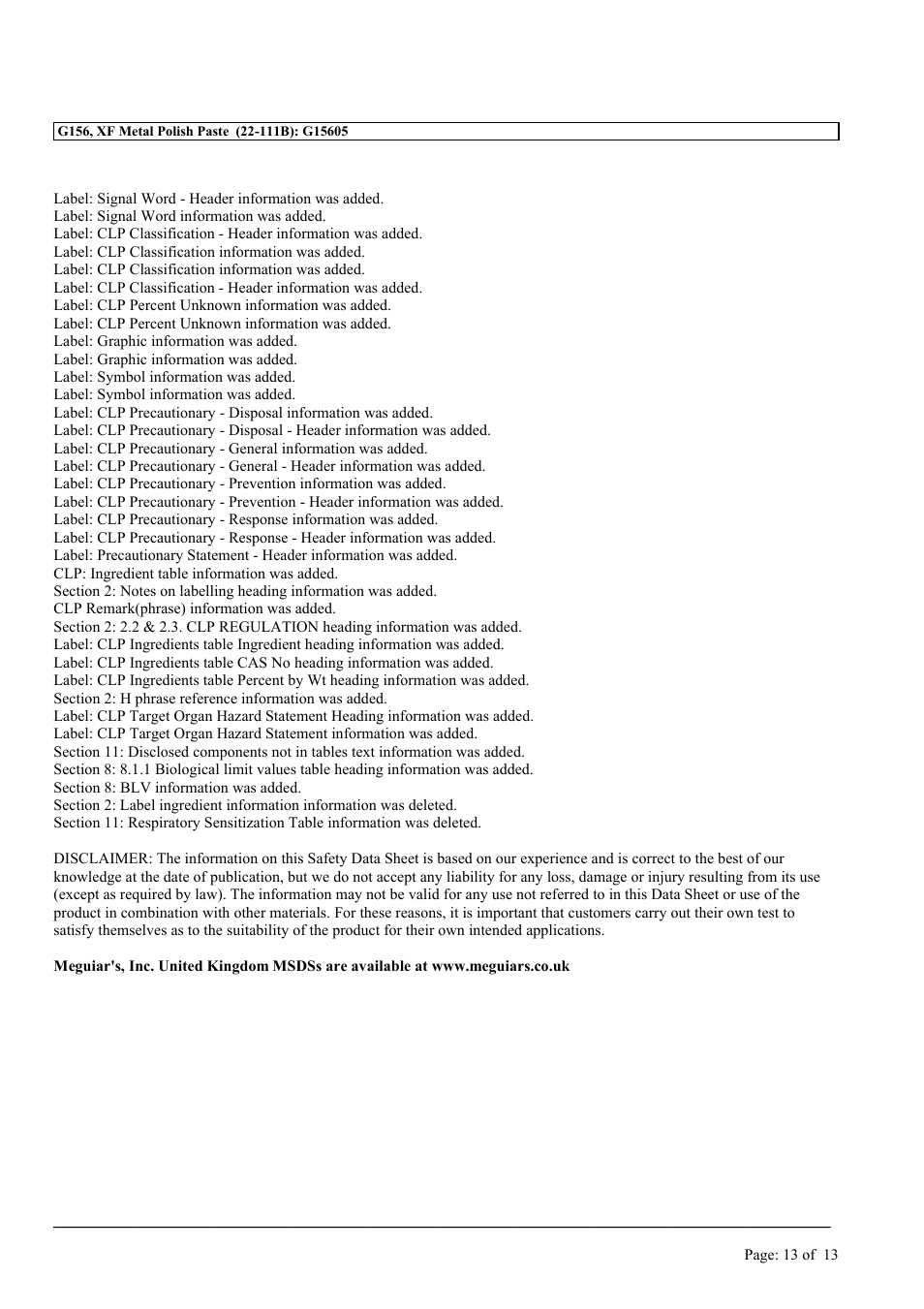 MEGUIAR'S G156 User Manual | Page 13 / 13