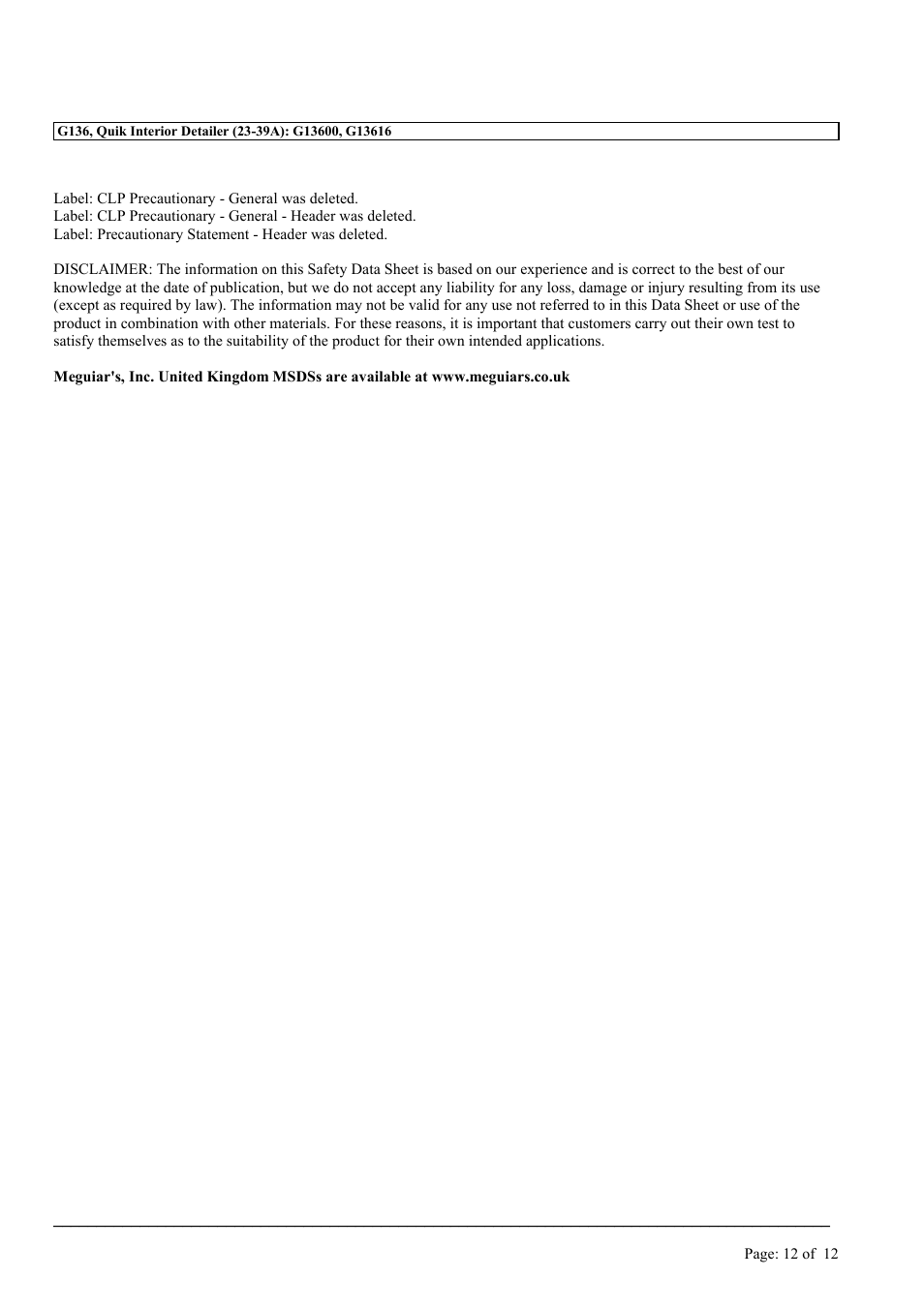 MEGUIAR'S G136 User Manual | Page 12 / 12