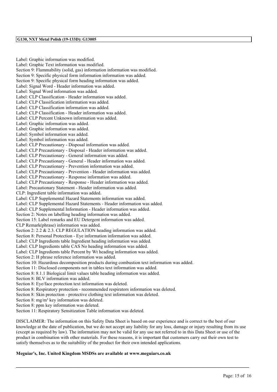 MEGUIAR'S G130 User Manual | Page 15 / 16