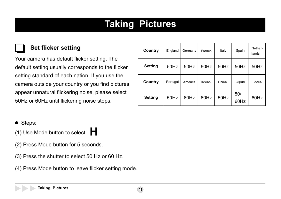 Taking pictures, Set flicker setting | AIPTEK SD 2Mega User Manual | Page 13 / 39
