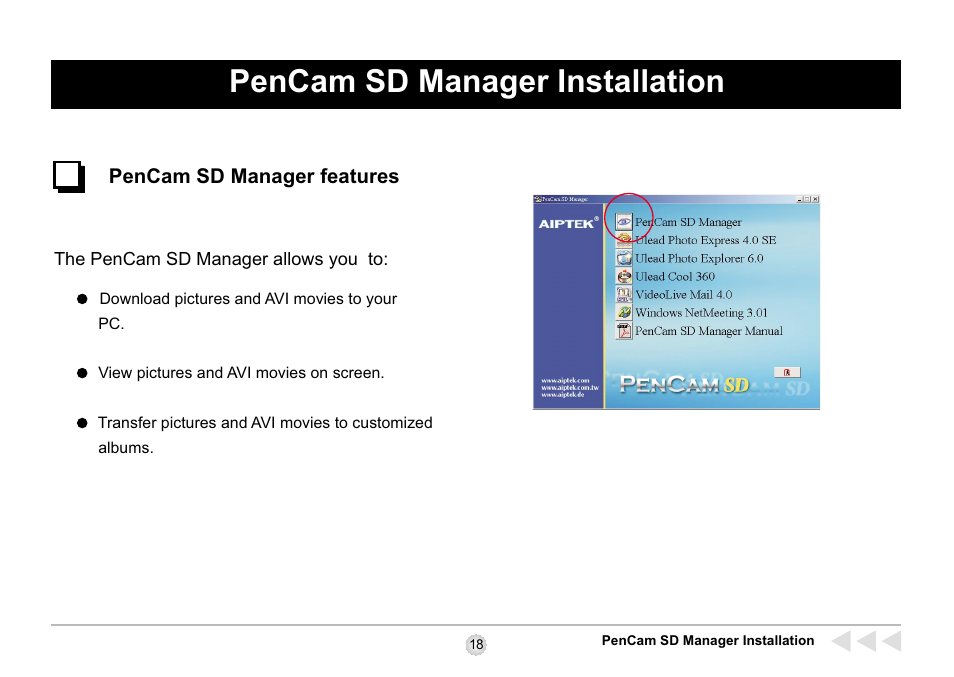 Pencam sd manager installation | AIPTEK SD 2Mega User Manual | Page 20 / 39