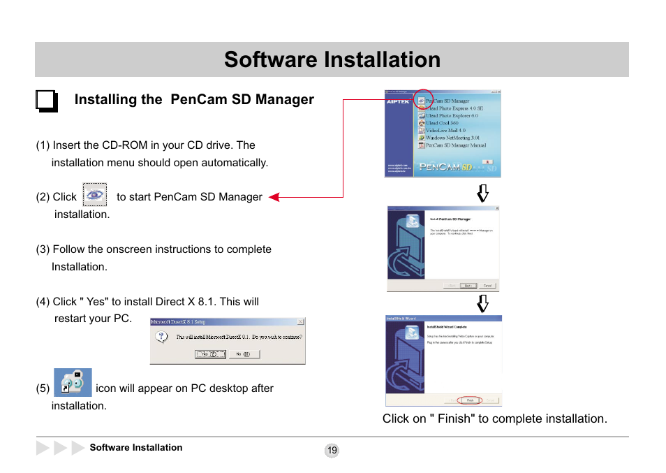 Software installation, Installing the pencam sd manager | AIPTEK SD 2Mega User Manual | Page 21 / 39