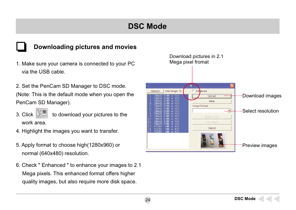 Downloading pictures and movies, Dsc mode | AIPTEK SD 2Mega User Manual | Page 26 / 39