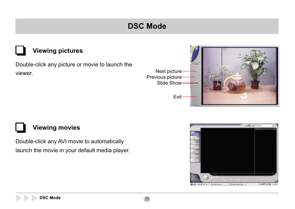 Viewing pictures, Viewing movies, Dsc mode | AIPTEK SD 2Mega User Manual | Page 27 / 39