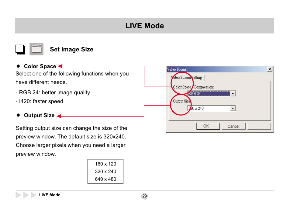 Set image size, Live mode | AIPTEK SD 2Mega User Manual | Page 31 / 39