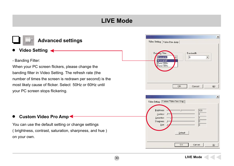 Advanced settings, Live mode | AIPTEK SD 2Mega User Manual | Page 32 / 39