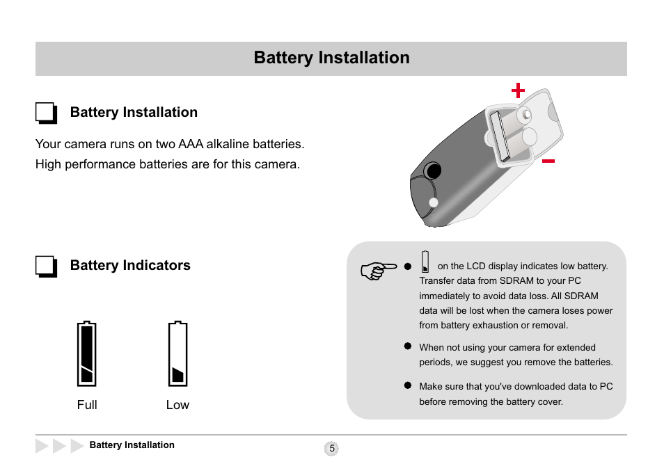 Battery installation, Battery indicators | AIPTEK SD 2Mega User Manual | Page 7 / 39