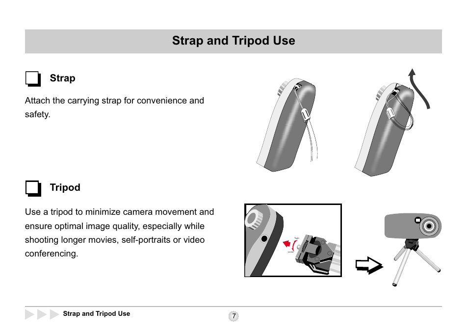 Strap and tripod use, Strap tripod | AIPTEK SD 2Mega User Manual | Page 9 / 39