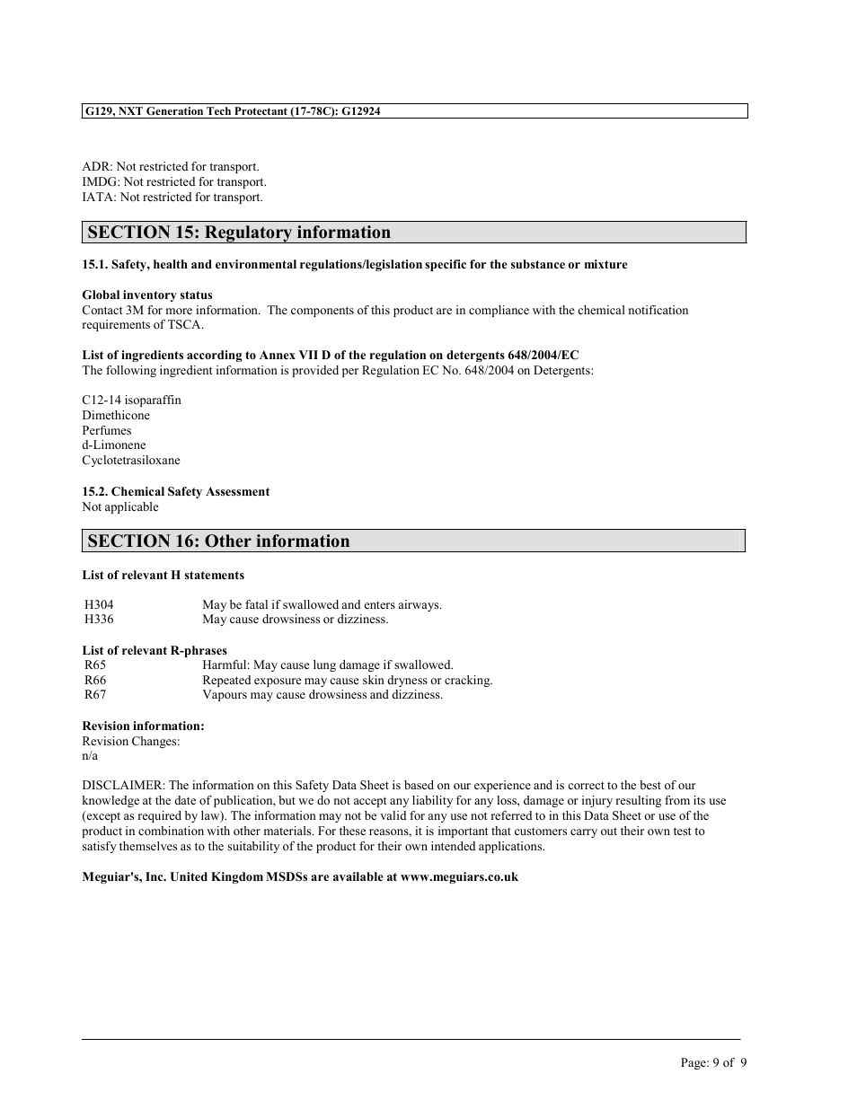 MEGUIAR'S G129 User Manual | Page 9 / 9