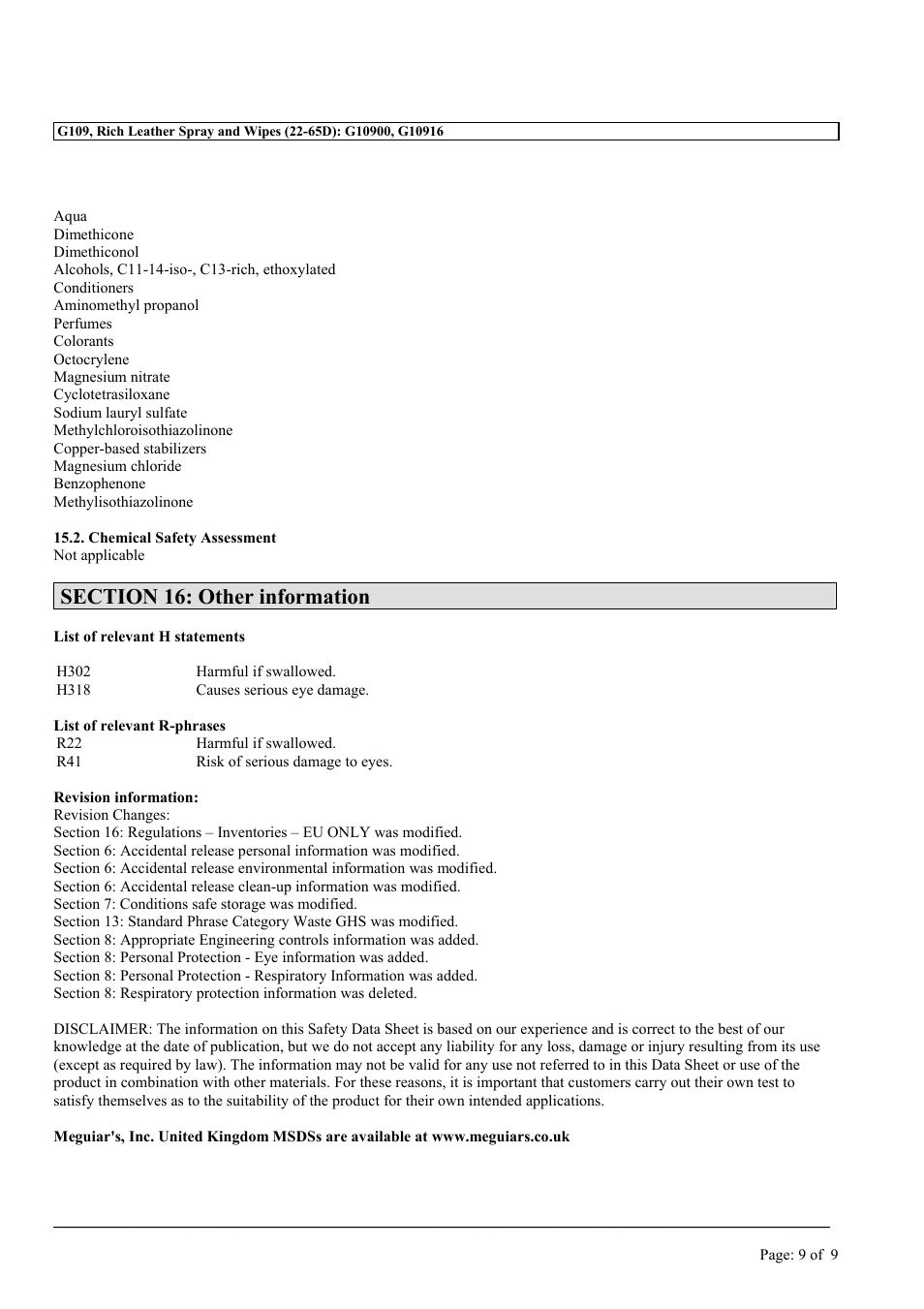 MEGUIAR'S G109 User Manual | Page 9 / 9