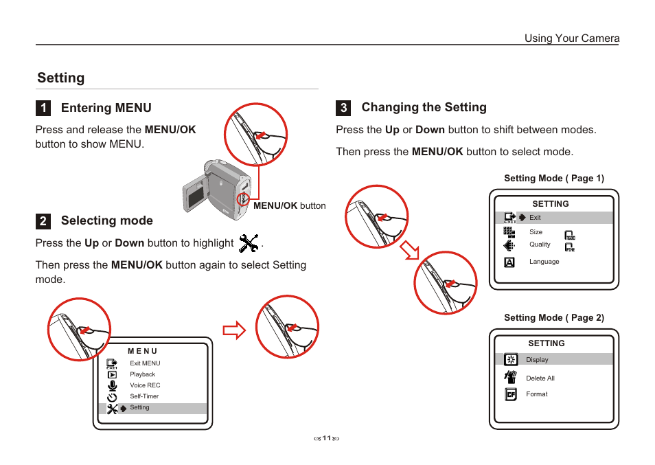 Setting, 12 3 entering menu, Selecting mode changing the setting | AIPTEK Pocket DV 3100 User Manual | Page 13 / 40