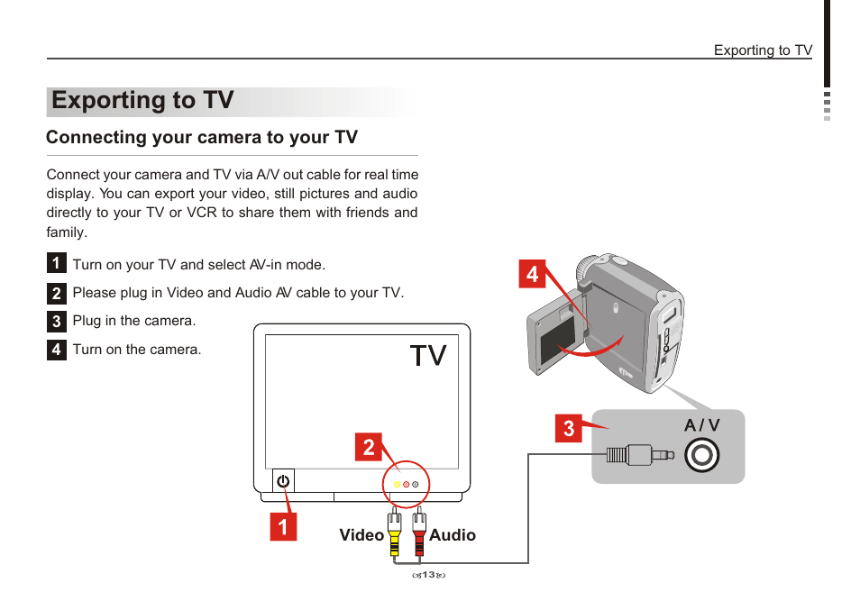 Exporting to tv, Connecting your camera to your tv | AIPTEK Pocket DV 3100 User Manual | Page 15 / 40