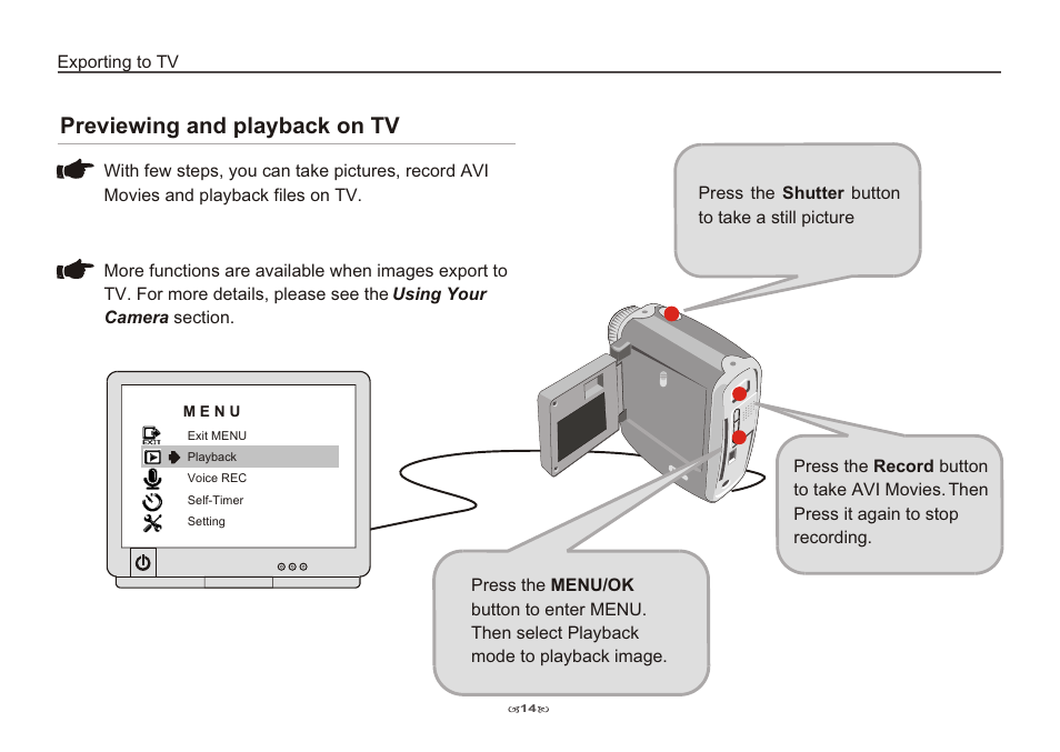 Previewing and playback on tv | AIPTEK Pocket DV 3100 User Manual | Page 16 / 40