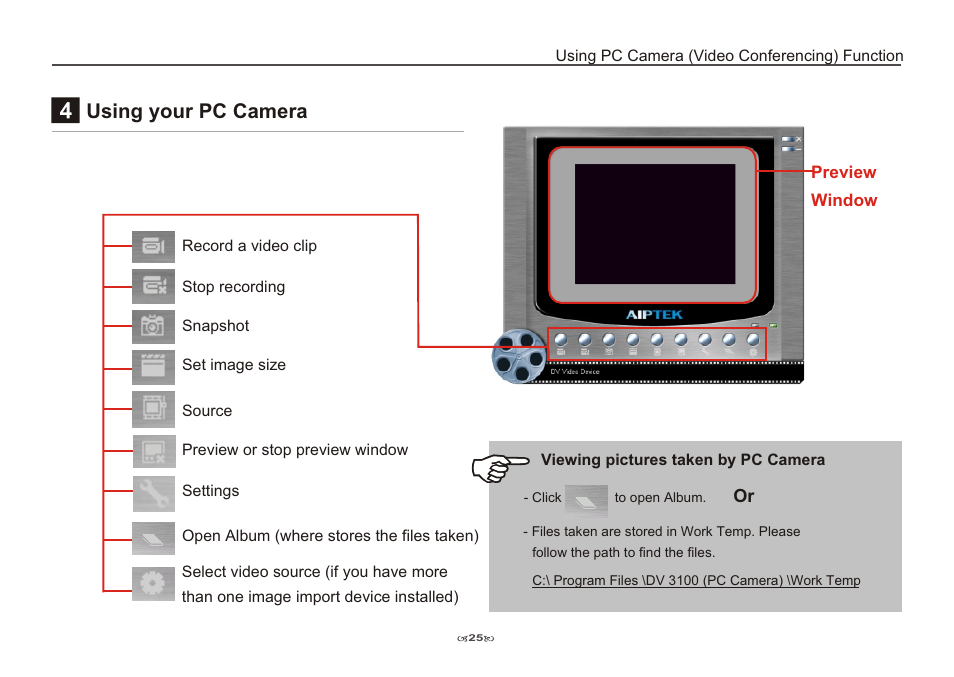 Using your pc camera | AIPTEK Pocket DV 3100 User Manual | Page 27 / 40