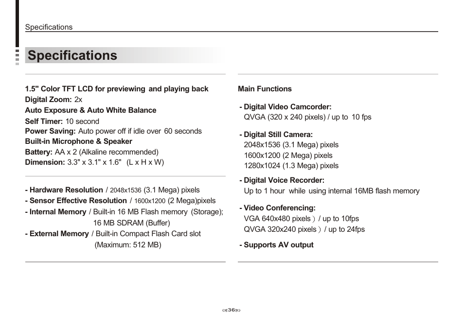 Specifications | AIPTEK Pocket DV 3100 User Manual | Page 38 / 40