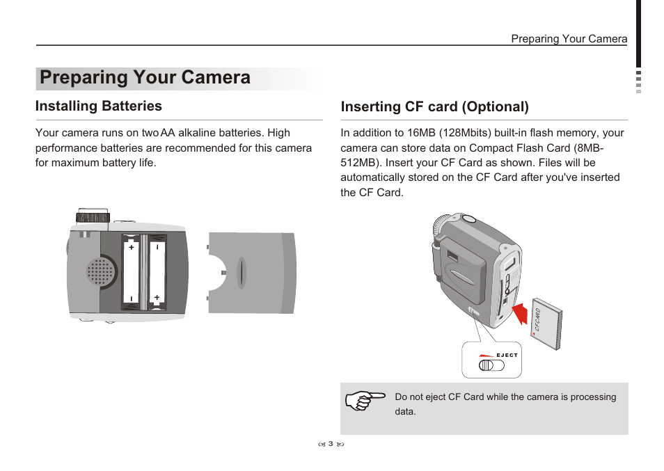 Preparing your camera, Installing batteries, Inserting cf card (optional) | AIPTEK Pocket DV 3100 User Manual | Page 5 / 40