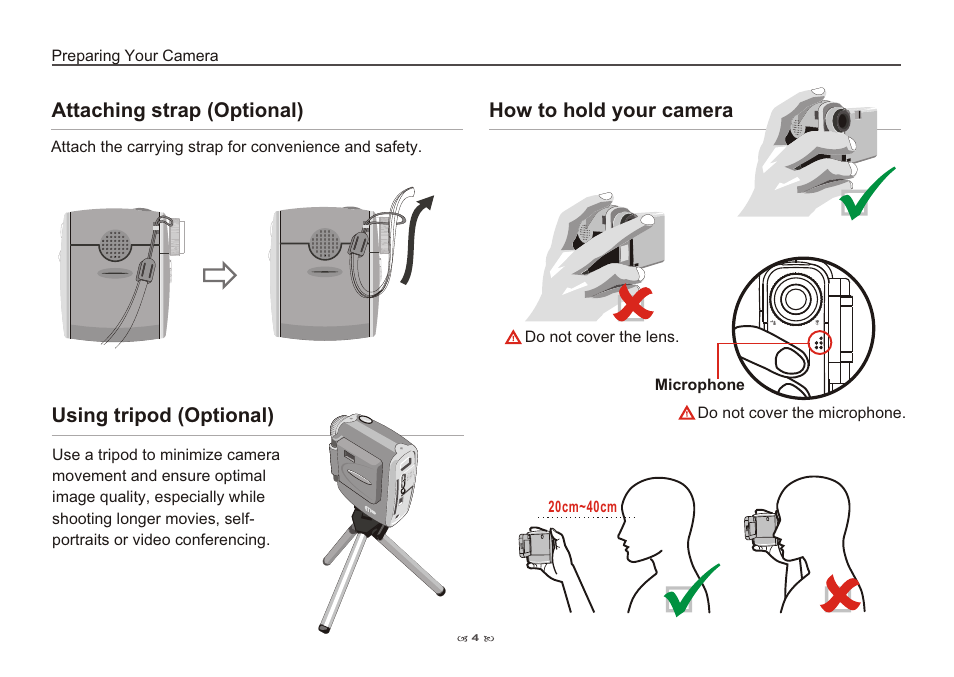 Attaching strap (optional), Using tripod (optional), How to hold your camera | Using tripod (optional) how to hold your camera | AIPTEK Pocket DV 3100 User Manual | Page 6 / 40