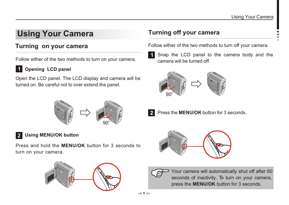 Using your camera, Turning on your camera, Turning off your camera | Turning on your camera turning off your camera | AIPTEK Pocket DV 3100 User Manual | Page 7 / 40