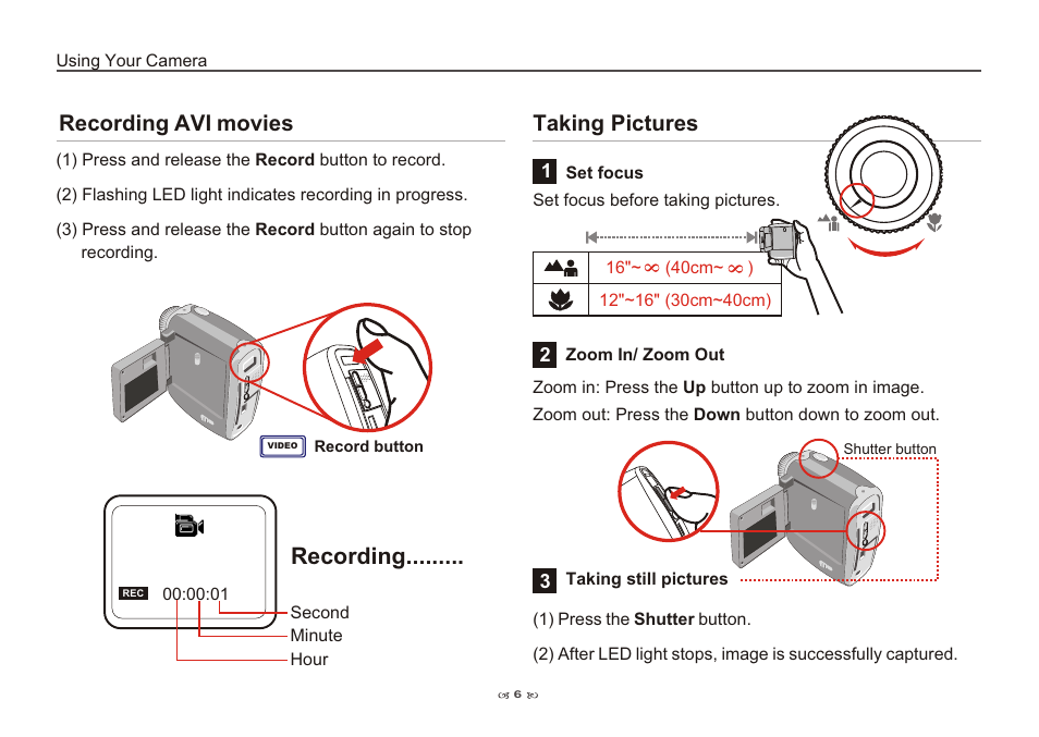 Recording avi movies, Taking pictures, Recording | AIPTEK Pocket DV 3100 User Manual | Page 8 / 40