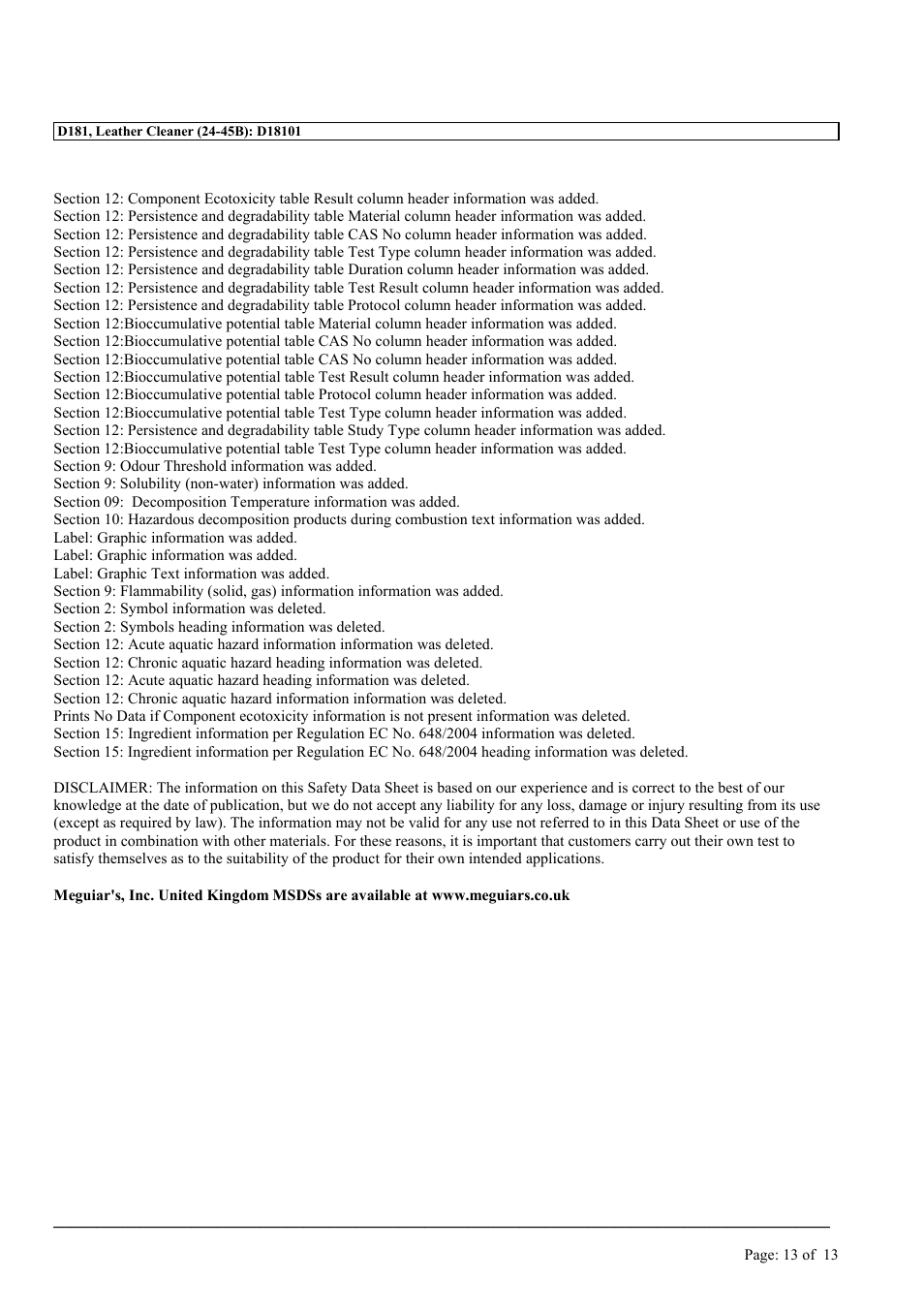 MEGUIAR'S D181 User Manual | Page 13 / 13