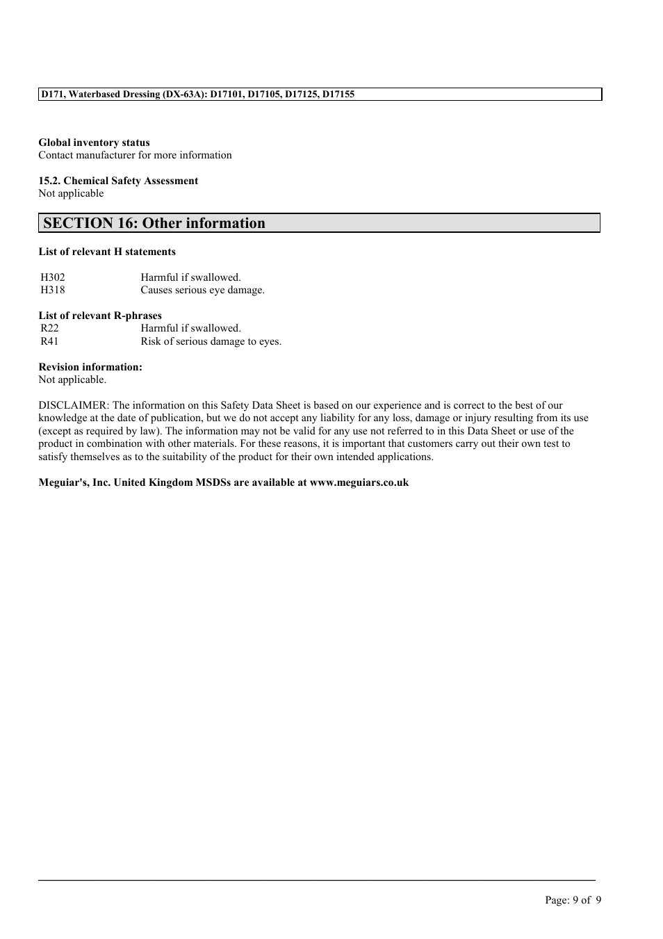 MEGUIAR'S D171 User Manual | Page 9 / 9