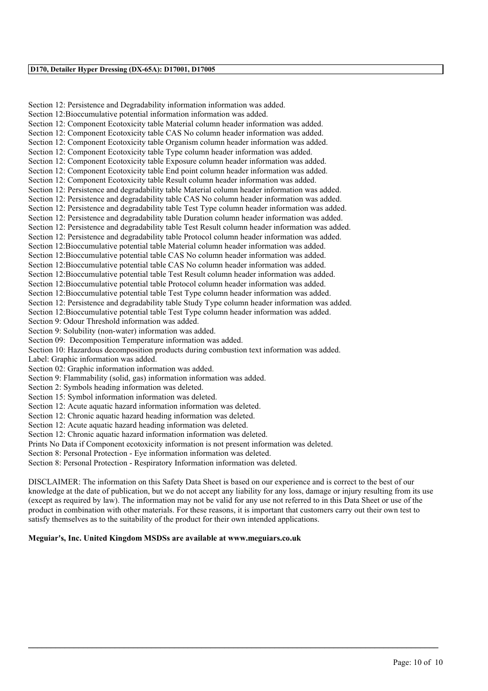 MEGUIAR'S D170 User Manual | Page 10 / 10