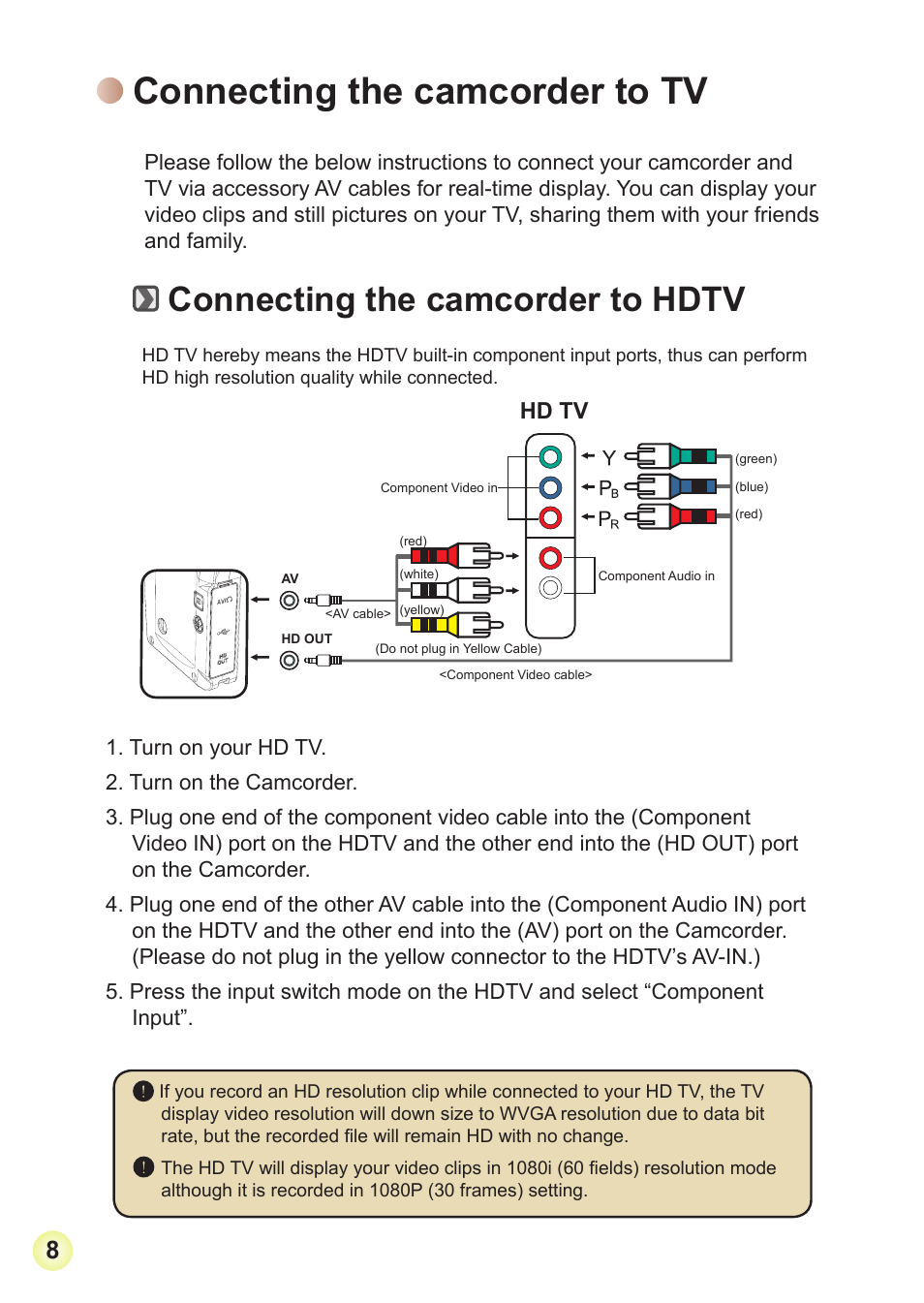 Connecting the camcorder to tv, Connecting the camcorder to hdtv, Hd tv | AIPTEK Action V5Z5S User Manual | Page 11 / 19