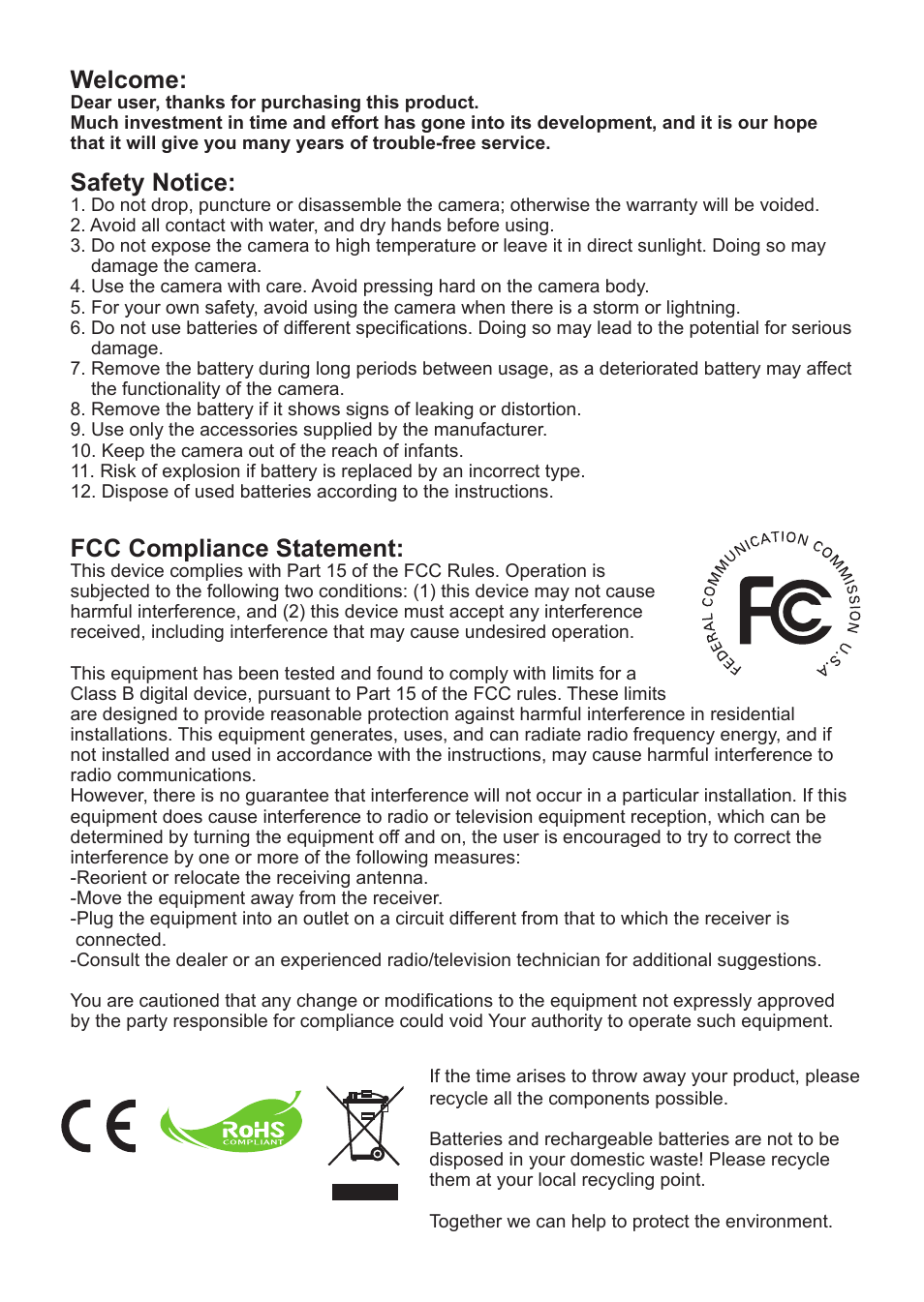 Fcc compliance statement, Welcome, Safety notice | AIPTEK Action V5Z5S User Manual | Page 2 / 19