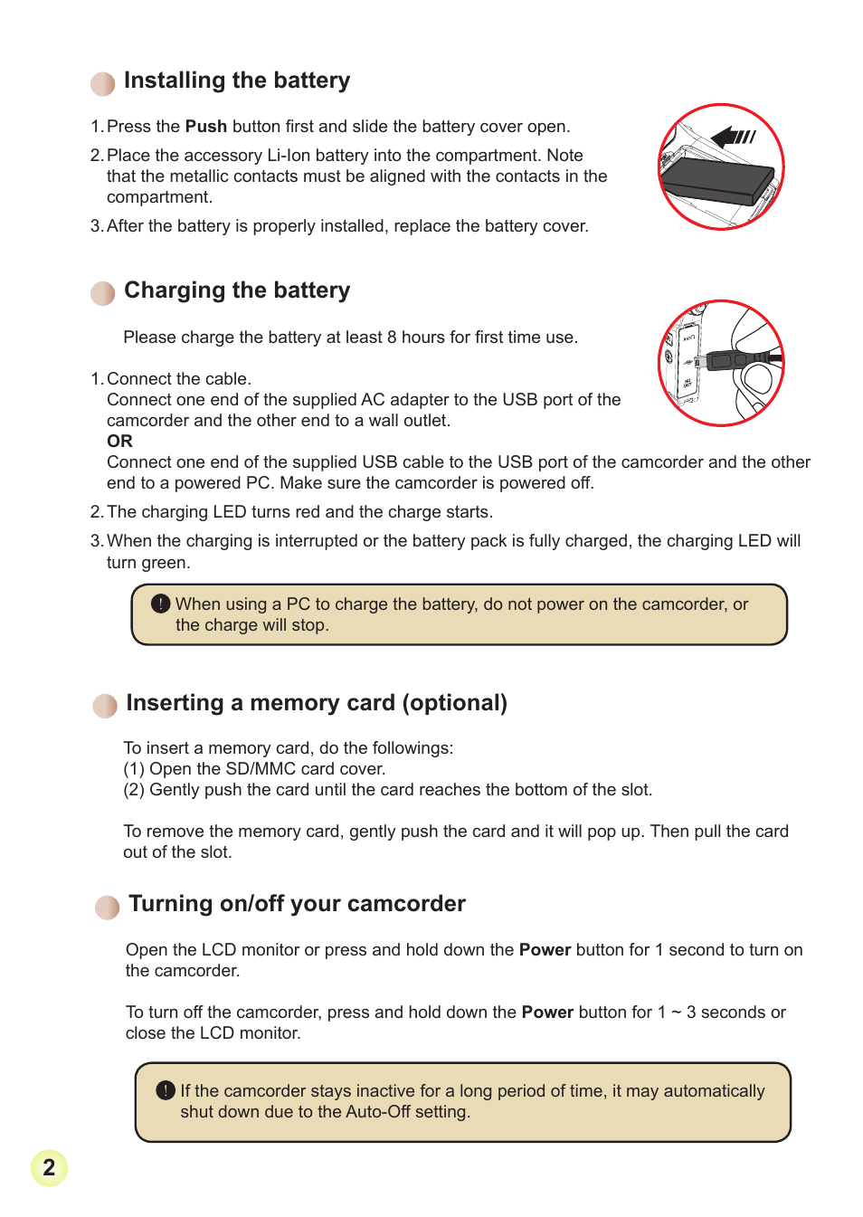 Installing the battery, Charging the battery, Turning on/off your camcorder | AIPTEK Action V5Z5S User Manual | Page 5 / 19