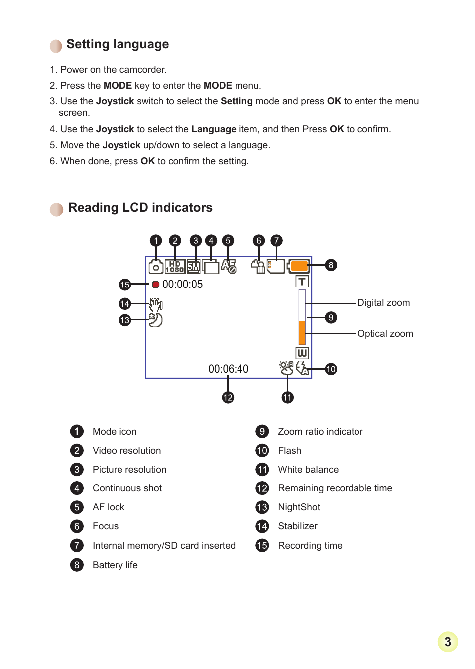 Setting language, Reading lcd indicators | AIPTEK Action V5Z5S User Manual | Page 6 / 19