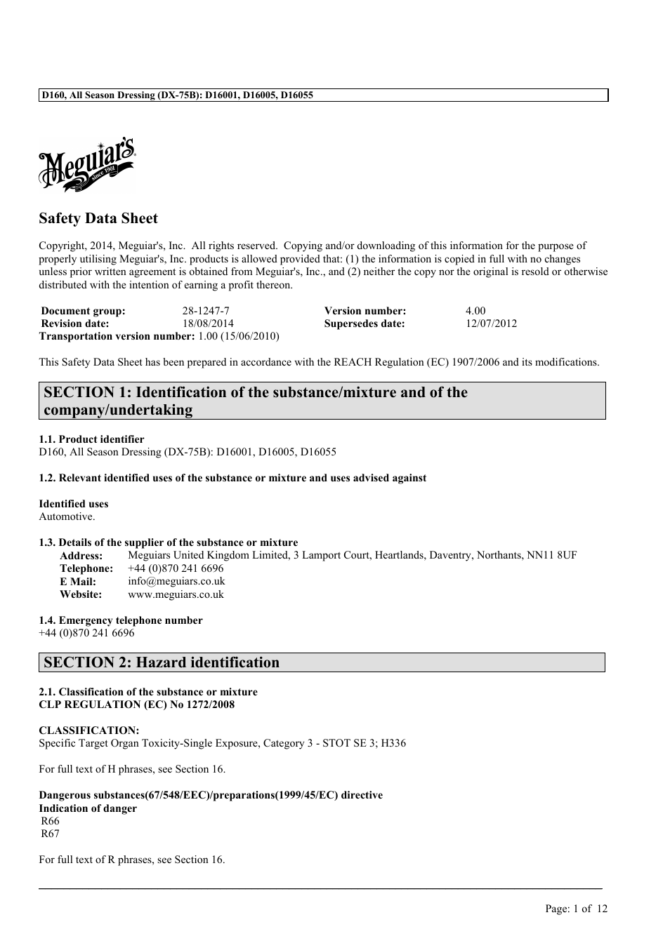MEGUIAR'S D160 User Manual | 12 pages