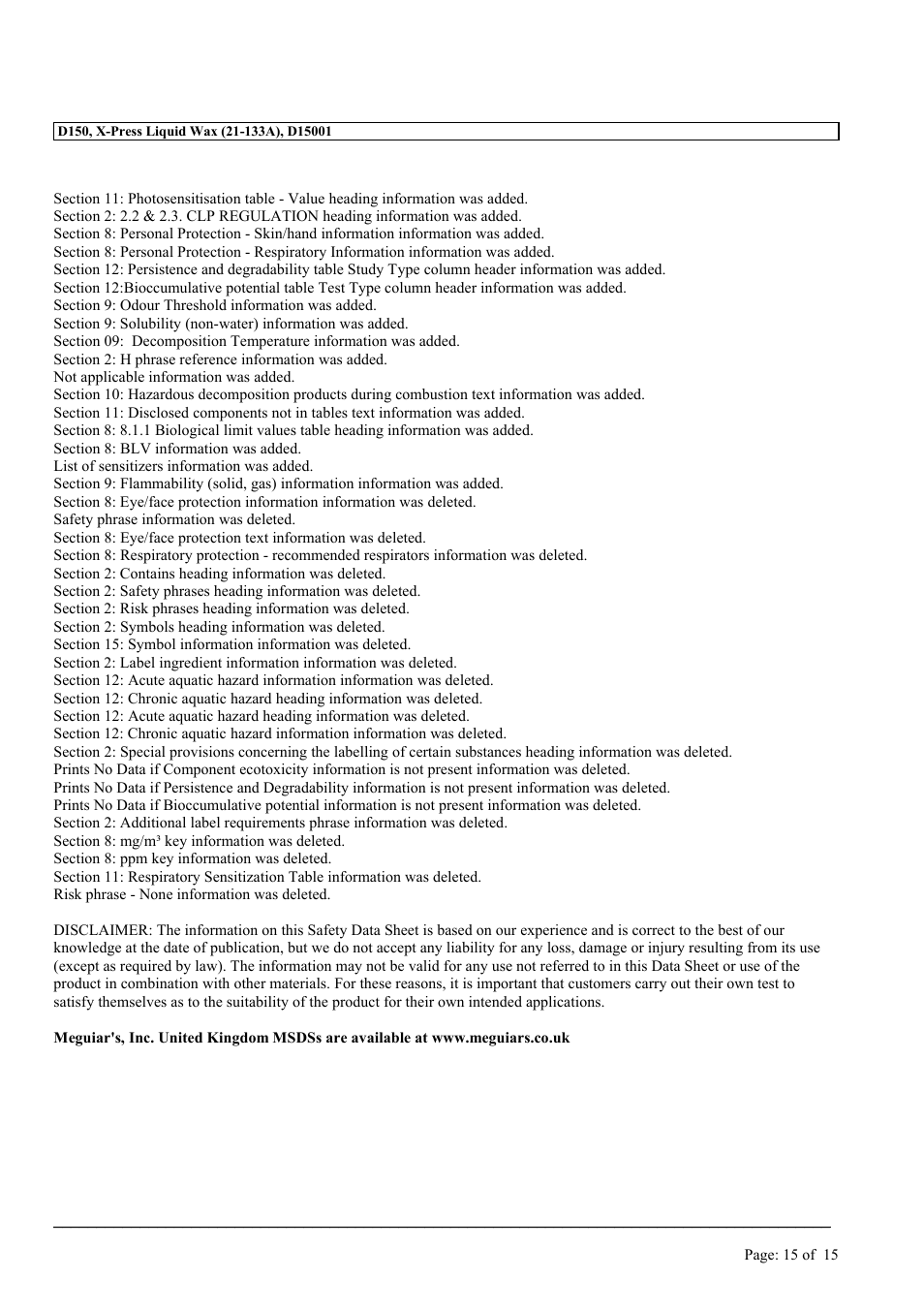 MEGUIAR'S D150 User Manual | Page 15 / 15