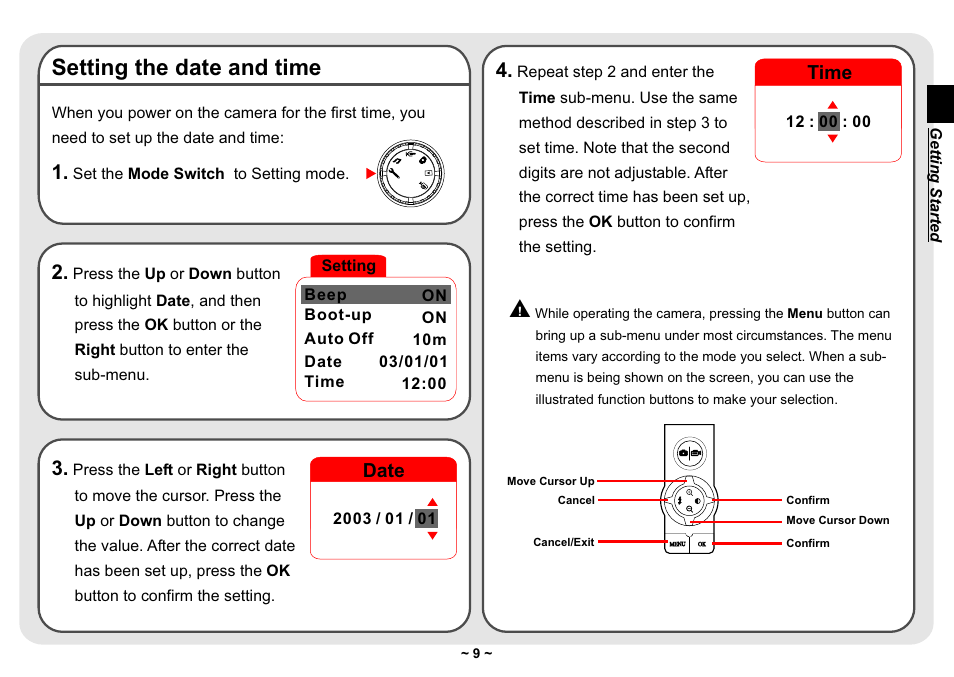 Setting the date and time, Date, Time | AIPTEK Pocket DV 3300 User Manual | Page 10 / 54