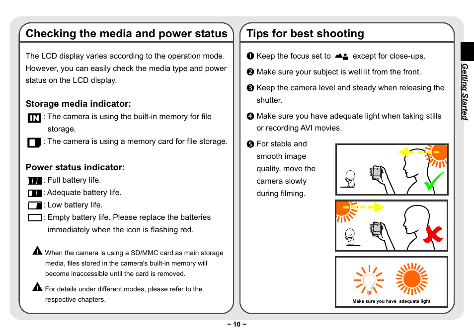 Checking the media and power status, Tips for best shooting | AIPTEK Pocket DV 3300 User Manual | Page 11 / 54