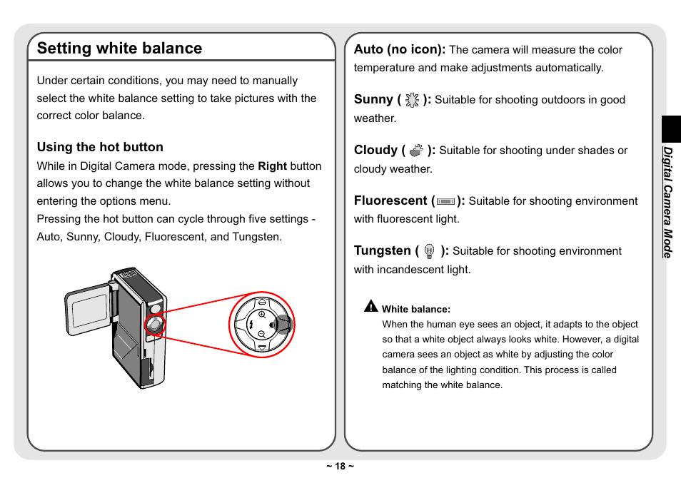 Setting white balance | AIPTEK Pocket DV 3300 User Manual | Page 19 / 54