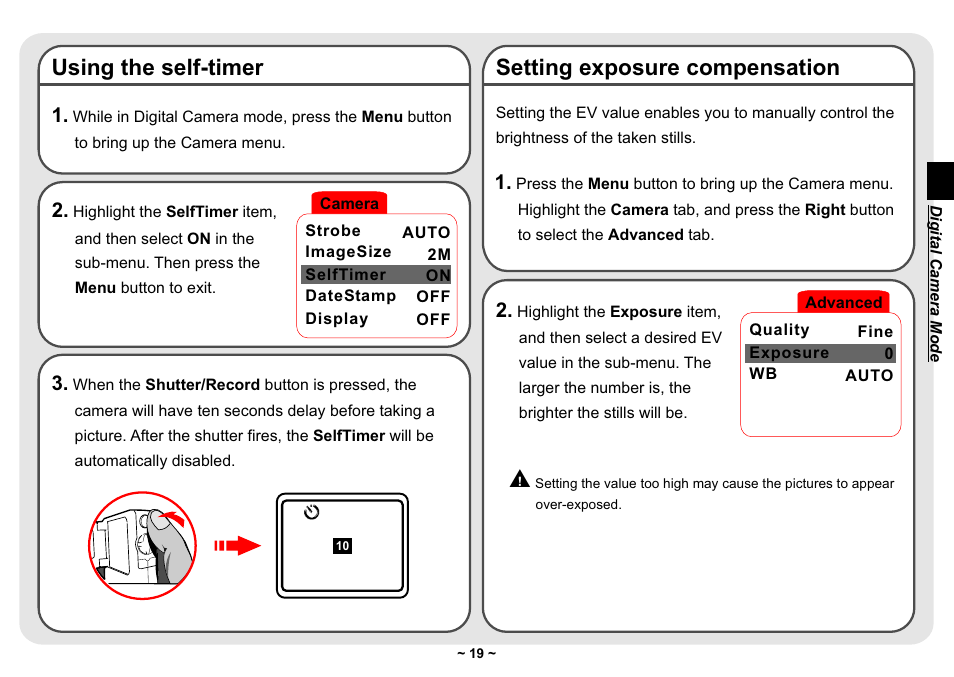 Using the self-timer, Setting exposure compensation | AIPTEK Pocket DV 3300 User Manual | Page 20 / 54