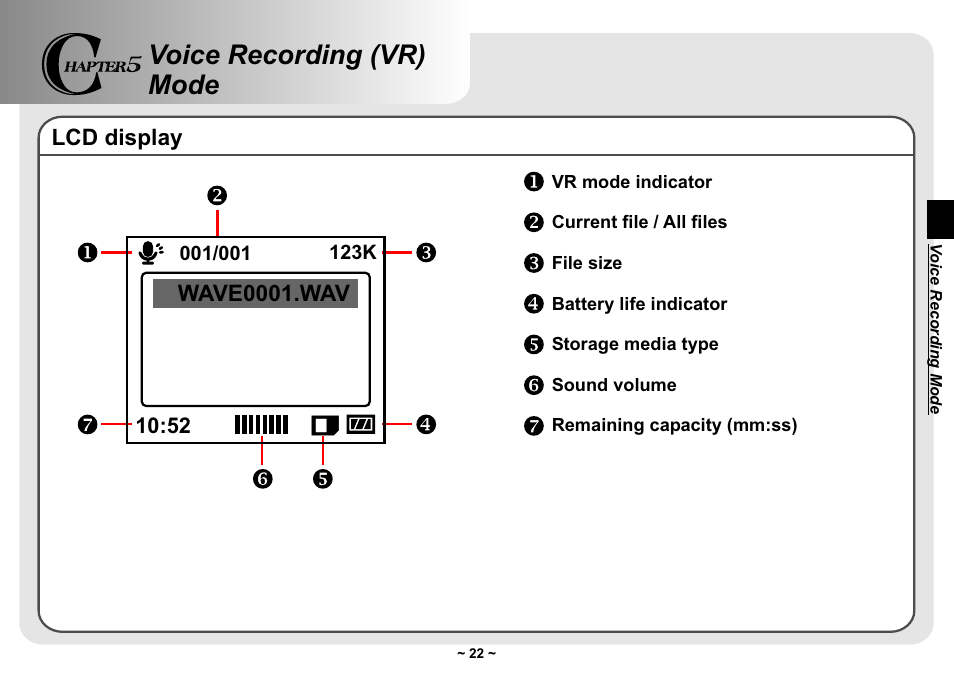 Voice recording (vr) mode, Lcd display, Wave0001.wav | AIPTEK Pocket DV 3300 User Manual | Page 23 / 54