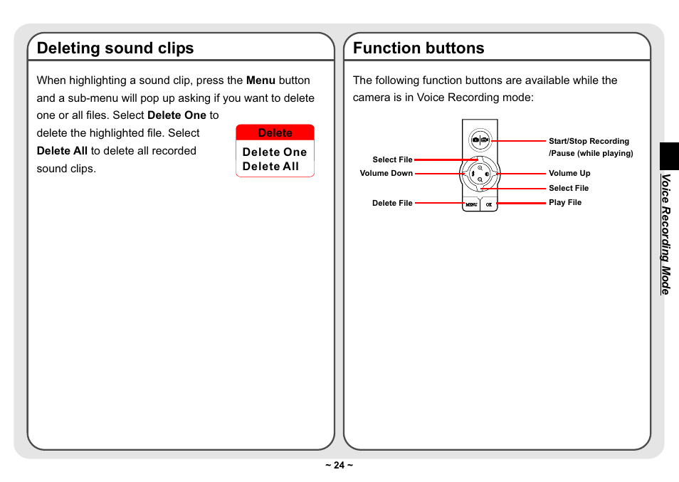 Deleting sound clips, Function buttons | AIPTEK Pocket DV 3300 User Manual | Page 25 / 54