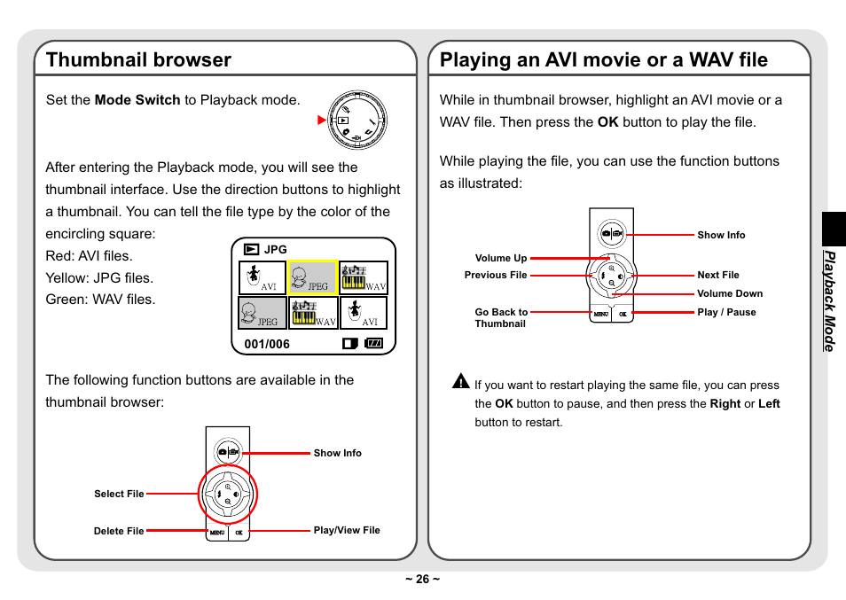 Thumbnail browser, Playing an avi movie or a wav file | AIPTEK Pocket DV 3300 User Manual | Page 27 / 54