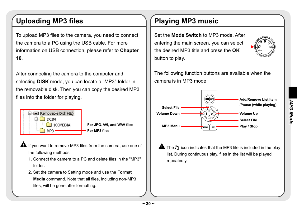 Uploading mp3 files, Playing mp3 music | AIPTEK Pocket DV 3300 User Manual | Page 31 / 54
