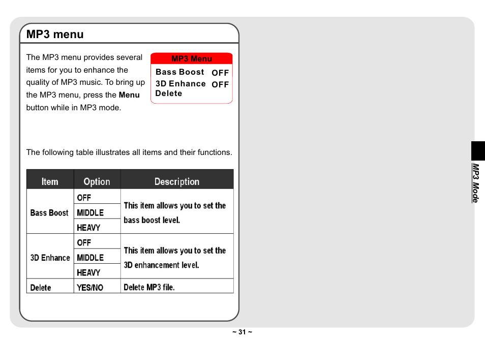 Mp3 menu | AIPTEK Pocket DV 3300 User Manual | Page 32 / 54