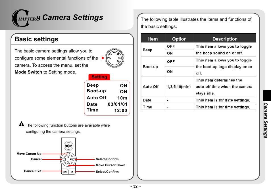 Camera settings, Basic settings | AIPTEK Pocket DV 3300 User Manual | Page 33 / 54